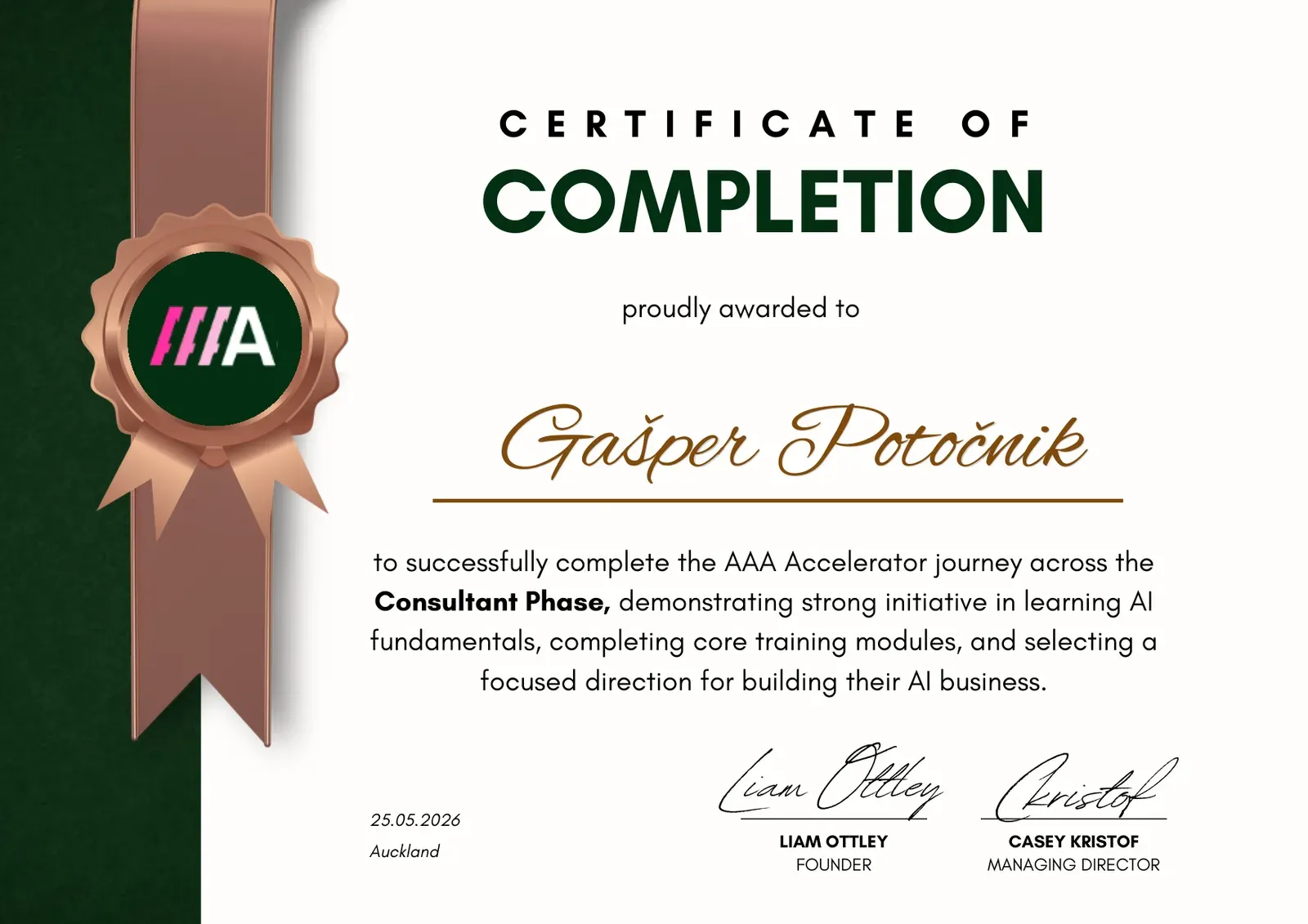 Certifikat AAA Accelerator o zaključeni fazi Consultant, podeljen Gašperju Potočniku 25. 5. 2026